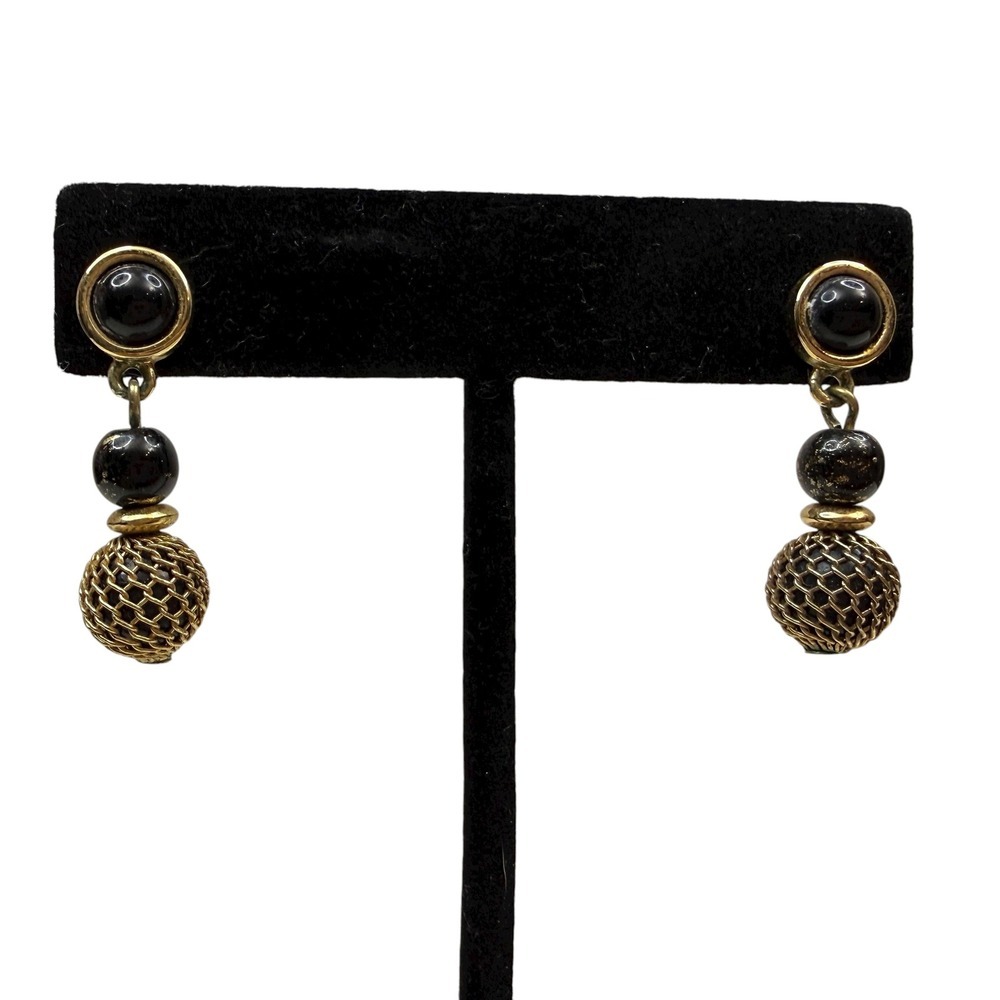 VTG Gold Tone Mesh Ball Beaded Dangle Drop Earring Black Bead Accent Jewelry 1in